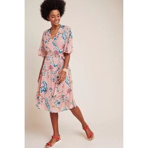 Anthropologie Adelaide Wrap Dress Pink Floral Chinoiserie Flutter Sleeve Midi L